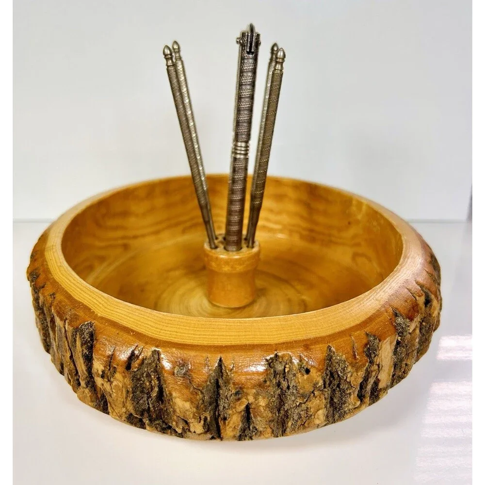 Mid Century Vintage Rustic Handcrafted Live Edge Nut Cracker Bowl Set